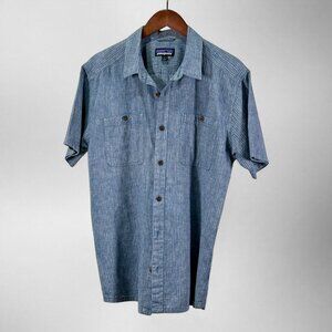 Patagonia Hemp Organic Cotton Button Up Shirt Mens L Blue Striped Short Sleeve
